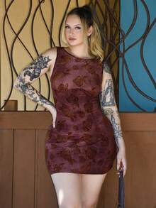Arliah Women Floral Tie-Dye Print Round Neck Sleeveless Short Dress - Chocolate Brown - View 4