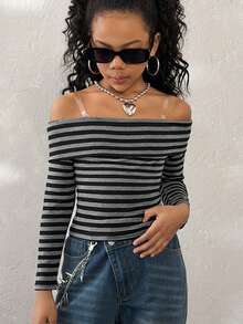 Tween Girls Spring/Summer,Basic Daily Wear Essentials,Y2K Streetwear,Black Stripe Knit Casual Off The Shoulder Top - Black - View 5