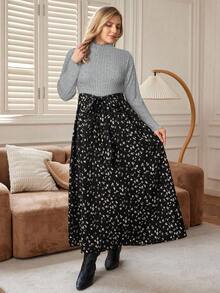 EMERY ROSE Plus Size Floral Print Patchwork Elegant Long Sleeve Dress/Summer/Spring/Vacation - Light Grey - View 6