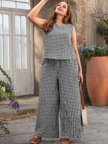 Rusticease 大码女式休闲度假黑白格子圆领无袖上衣衬衫搭配带口袋阔腿裤两件套，春夏款 - 黑與白 - 查看 6