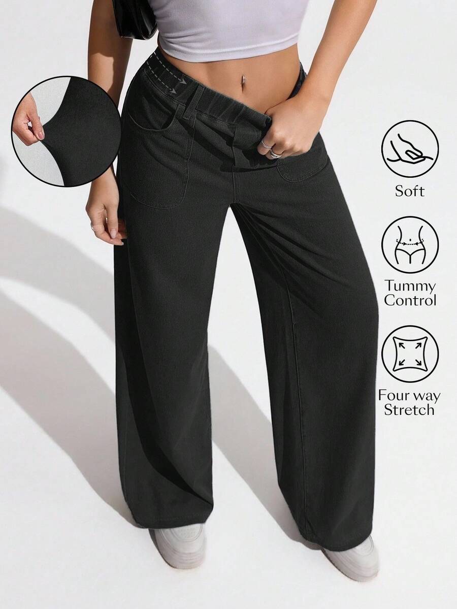 Flexra Jeans casuales de talla grande con cintura elástica de unicolor - Gris Oscuro - Ver 1