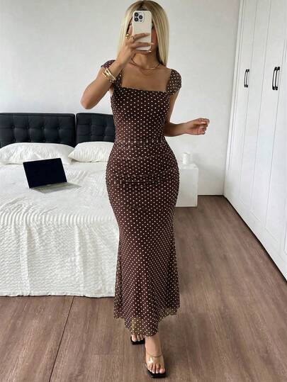 SHEIN EZwear Elegant Women's Brown Polka Dot Knitted Long Dress With Square Neck Fitted Mermaid Hem And Split Thigh Design
