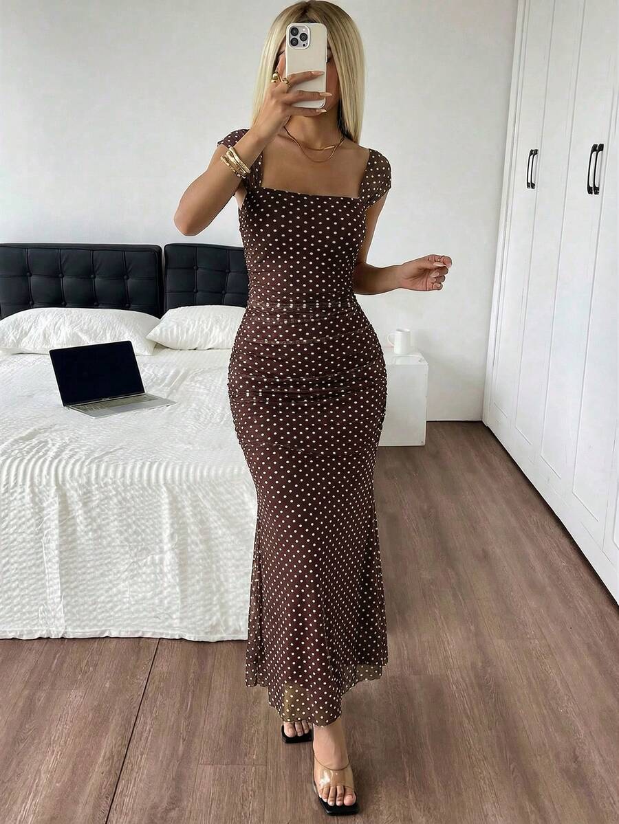 SHEIN EZwear Đầm lưới chấm bi thanh lịch dành cho nữ, kiểu đuôi cá, thích hợp cho mùa xuân/hè. - màu nâu - Xem 1