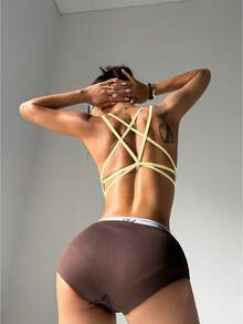 女士无缝瑜伽运动文胸，交叉露背设计 - 黃色 - 查看 3