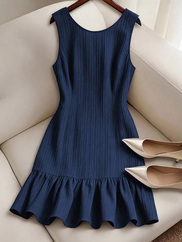 GlowEve CURVE Women's Woven Backless Tie Neck Sleeveless A-Line Ruffle Hem Casual Mini Dress, Suitable For Leisure, Vacation And Daily Wear