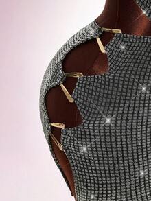 Amplova Women's Plunging Neck Glitter Halter Top And Side Cutout Bodycon Mini Skirt Sexy 2 Pieces Set - Silver - View 9