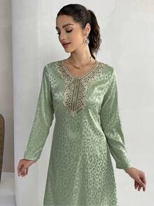 Yasmyna 女士优雅阿拉伯风格豹纹提花贴花V领长袖连衣裙 - 綠色 - 查看 3