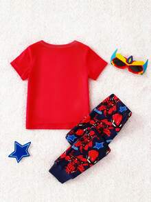 1 set Pijama de manga corta con cuello redondo y estampado gráfico de araña y superhéroe, ajuste ceñido para niño pequeño, primavera/otoño - Rojo - Ver 2