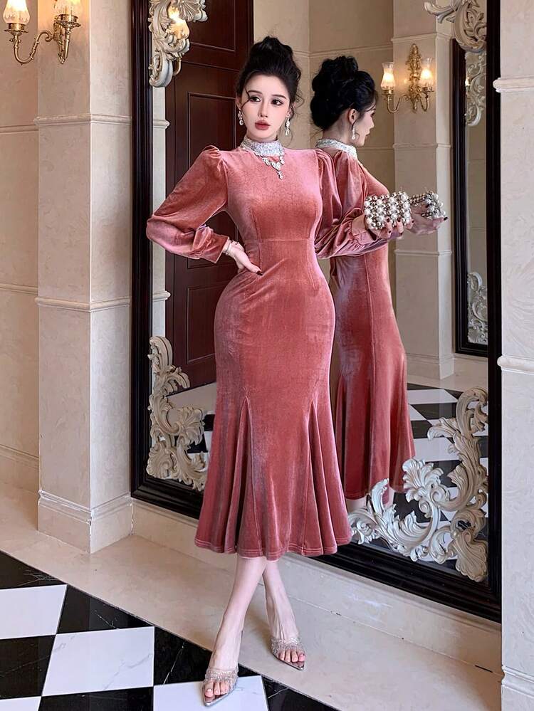 Women's Stand Collar Raglan Sleeve Ruffle Hem Fitted Midi Dress Sundress