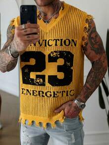 Manfinity LEGND 男士V领流苏时尚23提花镂空针织背心 - 黃色 - 查看 5