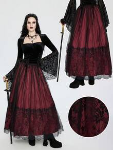 Breakform Váy Maxi hai lớp bằng vải satin thêu hoa cổ điển Gothic thanh lịch màu đỏ rượu vang dành cho nữ, thích hợp cho các buổi đi chơi hàng ngày và trang phục dự tiệc - Màu Đỏ Sâu - Xem 1