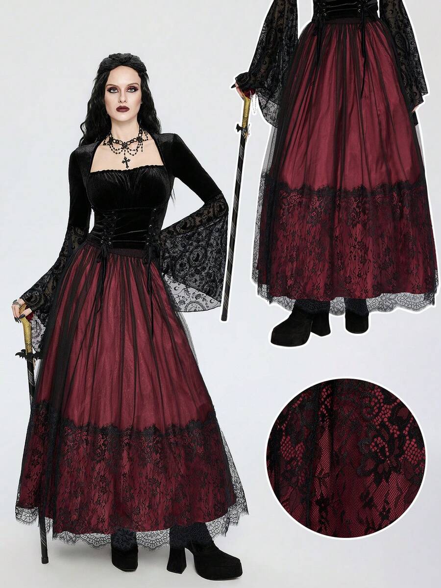 Breakform Váy Maxi hai lớp bằng vải satin thêu hoa cổ điển Gothic thanh lịch màu đỏ rượu vang dành cho nữ, thích hợp cho các buổi đi chơi hàng ngày và trang phục dự tiệc - Màu Đỏ Sâu - Xem 1