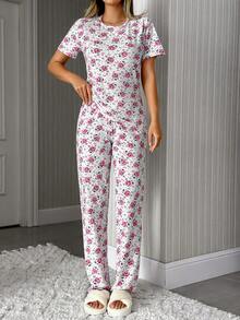 EURMUSE 纯棉两件套女士碎花图案短袖圆领衬衫和长裤家居服舒适睡衣套装 - 彩色 - 查看 1