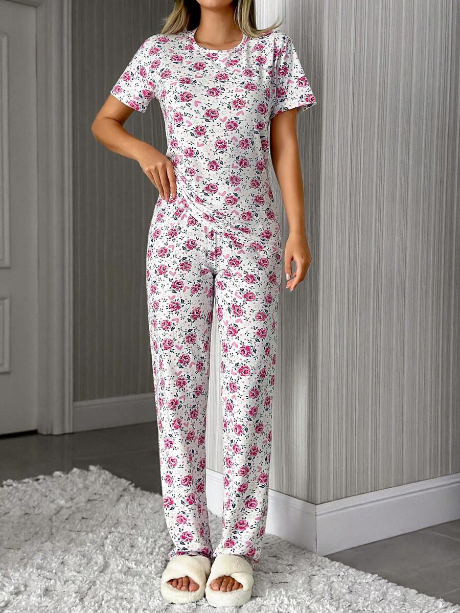 EURMUSE 纯棉两件套女士碎花图案短袖圆领衬衫和长裤家居服舒适睡衣套装 - 彩色 - 查看 1