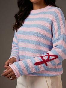 Athîral Women's Casual Everyday Commute Loose Fit Contrast Striped Pattern Sweater, Autumn/Winter - Multicolor - View 5
