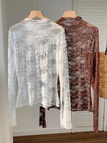 Comfortcana Women's Fashion Casual Knit Lace Mesh 2 Pieces Set Lace Long Sleeve Lace Tops Lace Blouse Lace Shirts Lace Undershirt Lace Jersey Lace Undershirt Long Sleeve - Brown - View 2