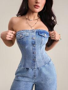 SHEIN Tall 女士时尚性感毛边牛仔抹胸上衣 - 藍色 - 查看 1