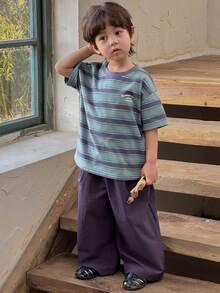 DAZY Young Boy Letter & Stripe Print Round Neck Casual Loose Short Sleeve T-Shirt Spring - Purple - View 1