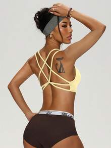 女士无缝瑜伽运动文胸，交叉露背设计 - 黃色 - 查看 1