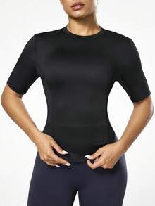 Seamluxe SHEIN Sport Top deportivo de manga corta, ajustado, de malla, negro con detalles reflectantes plateados, que favorece la transpiración, para entrenamiento y actividades deportivas casuales y versátiles para mujeres - Negro - Ver 4