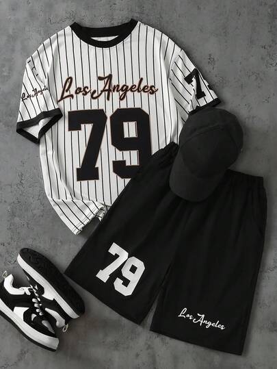 SHEIN Coolqubz 2pcs/Set Teenage Boys' Striped Football & Los Angeles Print Short Sleeve T-Shirt And Shorts Casual Outfit, Spring/Summer