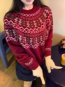 DAZY Crew Neck Jacquard Knit Sweater, Lazy Retro Loose Soft Style - Burgundy - View 3