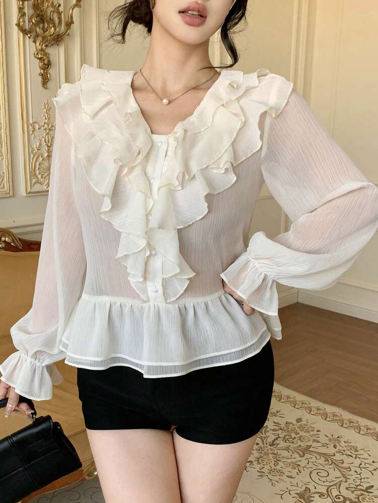 Women's Elegant Solid Color Ruffle Hem Blouse, Spring/Summer