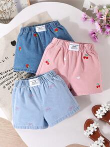 SHEIN Playful Pals 3-Piece Set Young Girl 2026 Summer Fruit Embroidery Denim Shorts,Dark Blue Strawberry+Pink Cherry+Light Blue Bow Styles,Elastic Adjustable Waist,Sweet - Multicolor - View 2