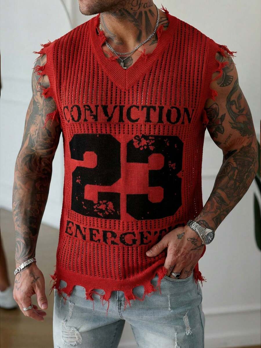Manfinity LEGND Men's #23 Print Distressed Knit Tank Top Men Crochet Top Men Mesh Top Men Graphic Tank Top Men Red V-Neck Tank Top Men Distressed Tank Top Men Sleeveless Graphic Shirt - Burgundy - View 1