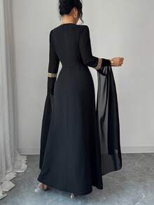 Elenzga Women's Elegant V-Neck Floral Lace Trim Waist Flared Maxi Abaya Dress, Solid Black/Gold, Early Spring - Black - View 2