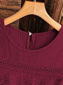 Linhara Plus Size Women Solid Color Lace Hollow Out Sleeveless Dress - Red - View 3
