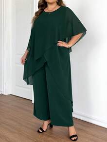 SHEIN CURVE+ 大码女式纯色不对称下摆圆领上衣和阔腿裤宽松两件套 - 綠色 - 查看 6