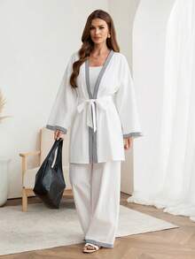 Easowa Women's Geometric Print Robe And Pants Casual 2 Pieces Set Spring Outfit Women Casual Women Outfits White Two Pieces Set White Pants Set For Women White Kimono Modest Two Pieces Set Pants Two Pieces Set,Casual Clothes - White - View 3