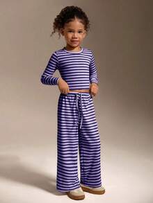 SHEIN 女童条纹长袖圆领T恤和阔腿裤两件套，休闲条纹套装，适合居家、休闲、户外运动。 - 紫色 - 查看 3