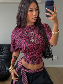 Coolane Women's Winter Y2K Concert Daily Wear Casual Back To School Streetwear Stretchy Zebra Graphics Short Sleeve Loose Ruched Crop Tee - Red and Black - View 3