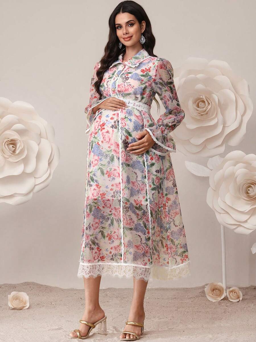 SHEIN Maternity Floral All-Over Print Casual Flare Sleeve Dress - Multicolor - View 1