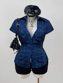 Sunspun 大码格子短袖收腰休闲衬衫 - 彩色 - 查看 1