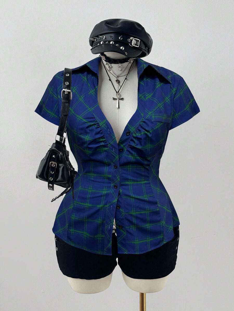 Sunspun 大码格子短袖收腰休闲衬衫 - 彩色 - 查看 1