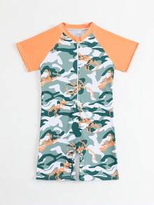 SHEIN 男童卡通印花前拉链连体泳衣，沙滩泳裤 - 彩色 - 查看 6