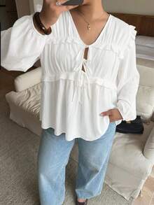 Dripcurv Áo nữ cỡ lớn cổ chữ V, kiểu dáng thường ngày, tay dài. - trắng - Xem 5