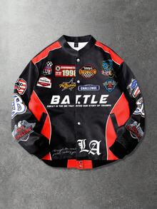 ROMWE MEN Men's Contrast Color Print Long Sleeve Digital Print Sporty Jacket - Black - View 3