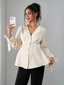 Momance Maternity Shirt With Bow Tie Straps, Shirred Cardigan, Waist Saving, Back Pleated, Front Button A-Line Blouse - Beige - View 5