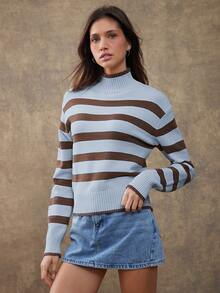 WESTFADE 高领长袖宽松条纹套头针织毛衣，可爱秋季上衣，休闲百搭，适合秋季、冬季穿着，波西米亚风、纳什维尔牛仔风、西部风女装 - 棕色 - 查看 6