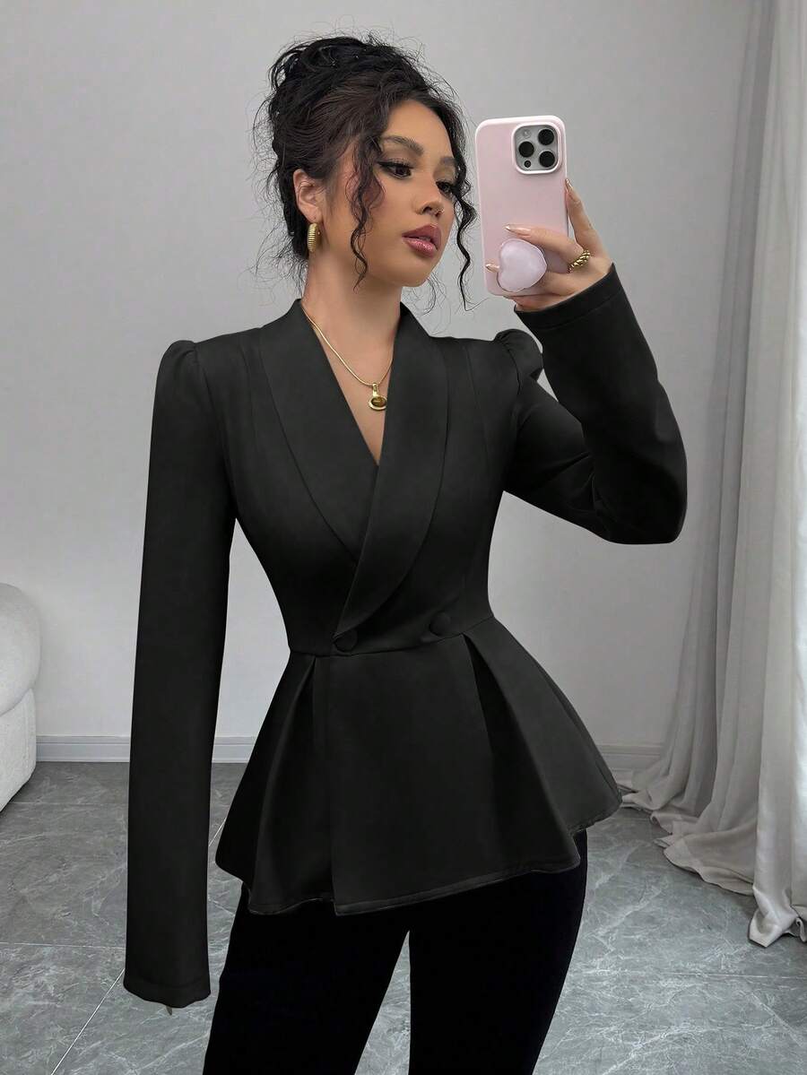 Modelyn 女士杏色收腰翻领双排扣长袖西装外套 - 黑色 - 查看 1