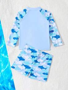 SHEIN Set Baju Renang Bayi Laki-laki Motif Hiu, Baju Renang Lengan Panjang Pelindung Ruam dengan Celana Pendek, Biru Aqua, Musim Panas, Lucu, Pantai, Liburan, Perlindungan Matahari, Baju Renang Dua Potong untuk Bayi dan Balita - MultiWarna - View 2