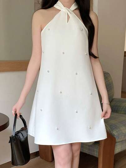 SHEIN Elegant Solid White Halter Neck Beaded Back Bow A-Line Sleeveless Dress For Teen Girls White Pearl Dress Halter Neck Dress Daisy Dress Korean Cut Dress Cute Teen Dress Cute Dress White Dress Pearl Embellished Dress