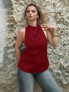 Jeta Ari Kemeja Hitam Body-Con untuk Kerja, Model Baru Musim Semi/Panas, Elegan, Sederhana, Cocok untuk Perjalanan Sehari-hari, Gaya Vintage Modern, Tanpa Lengan, Leher Asimetris, Model Halter, Tanpa Punggung, Dekorasi Pita - Burgundy - View 6