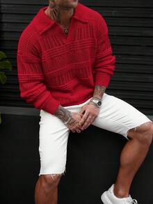 Manfinity Homme Áo len nam dài tay cổ bẻ màu trơn, áo sơ mi nam móc len, áo len đỏ nam, áo len nam, áo len đỏ nam, áo len dệt kim nam, áo thun dệt kim nam - Đỏ - Xem 4