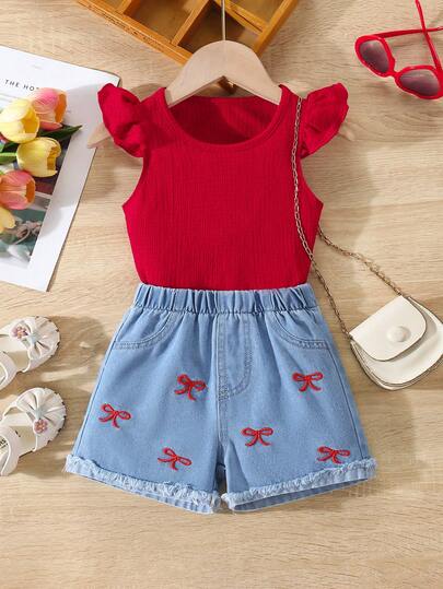 Baby Girls Cute Style Vest Set, Spring/Autumn & Autumn/Winter, Red Vest With Flutter Sleeves Design, Paired With Light Blue Denim Color Pants With Red Bow Embroidery Design, Loose Straight Leg Fit, Soft And Comfortable Fabric, Suitable For School, Commuting, And Daily Outings