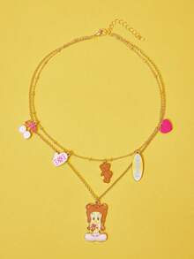 LOONEY TUNES X SHEIN 1件时尚锌合金卡通图案印花双层精致链条项链，简约优雅，适合派对、音乐会、节日等场合。 - 金色 - 查看 3